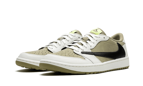 Air Jordan 1 Retro Low Golf Travis Scott Neutral Olive sneakers with reverse Swoosh, available at ASEY SHOP Morocco.