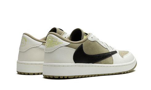 Air Jordan 1 Retro Low Golf Travis Scott Neutral Olive sneakers with reverse Swoosh, available at ASEY SHOP Morocco.