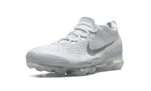 Close-up of Nike VaporMax 2023 Flyknit sneaker details in White/Sky Grey