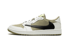 Charger l&#39;image dans la galerie, Air Jordan 1 Retro Low Golf Travis Scott Neutral Olive sneakers with reverse Swoosh, available at ASEY SHOP Morocco.
