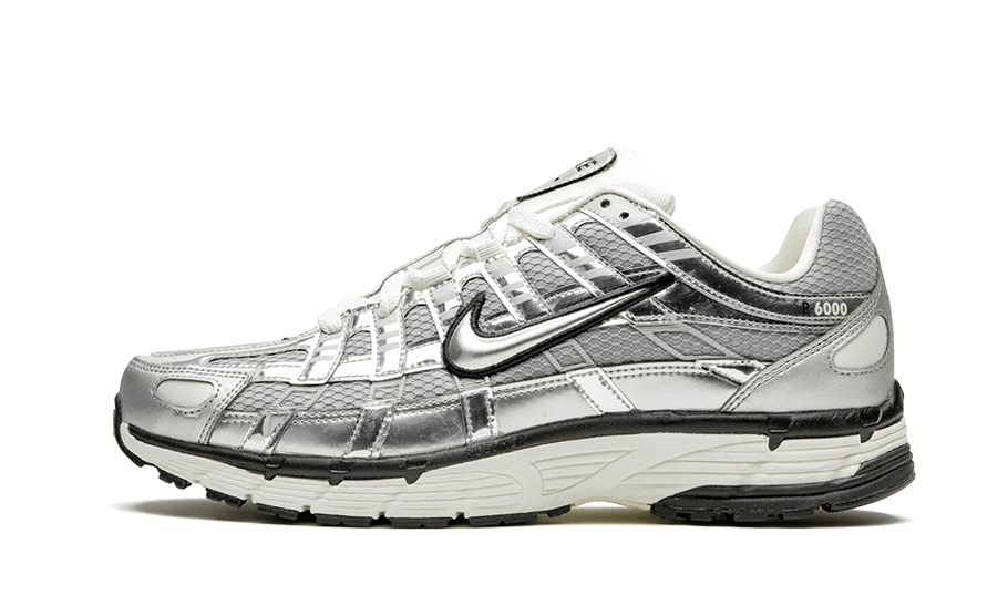 Nike P-6000 Metallic Silver sneaker with mesh and leather overlays, available at ASEY SHOP Morocco.

