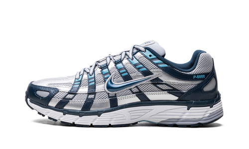 Nike P-6000 Armory Navy and Flat Silver sneaker with mesh and leather layers, available at ASEY SHOP Morocco.